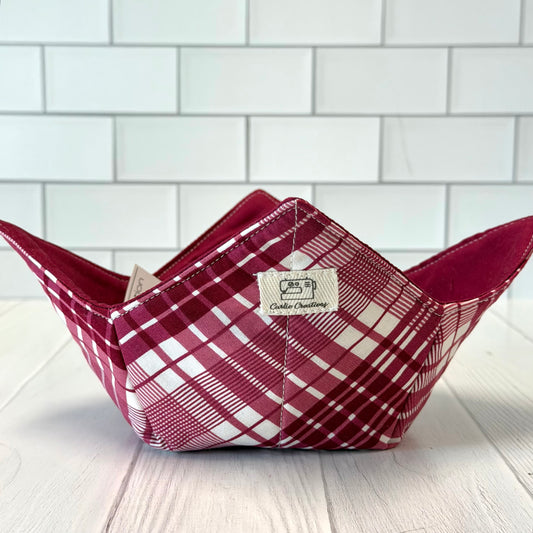 Maroon Plaid Reversible Bowl Cozy Microwave Safe