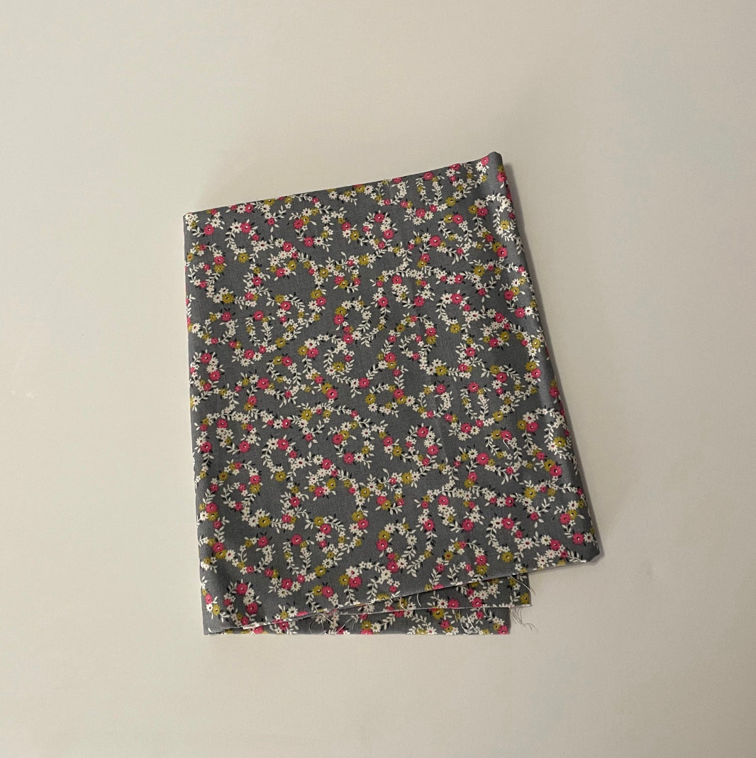 Gray and pink floral print cotton woven